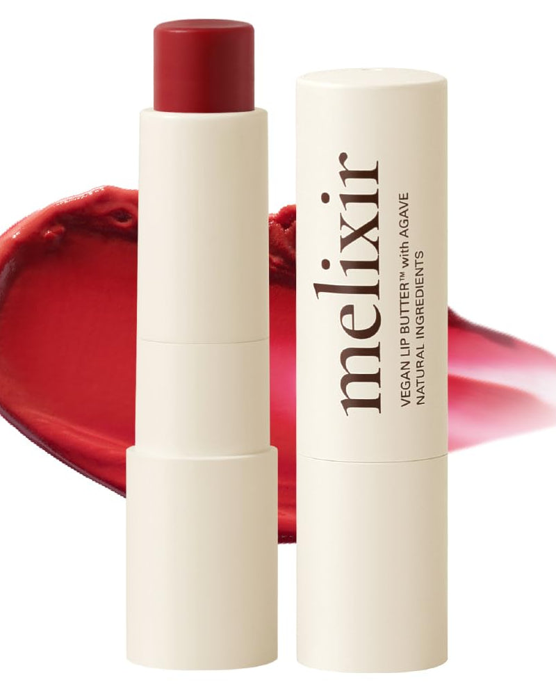 Melixir vegan lip butter with red lipstick on a white background