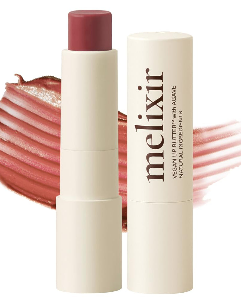 Melixir vegan lip butter with packaging on a white background