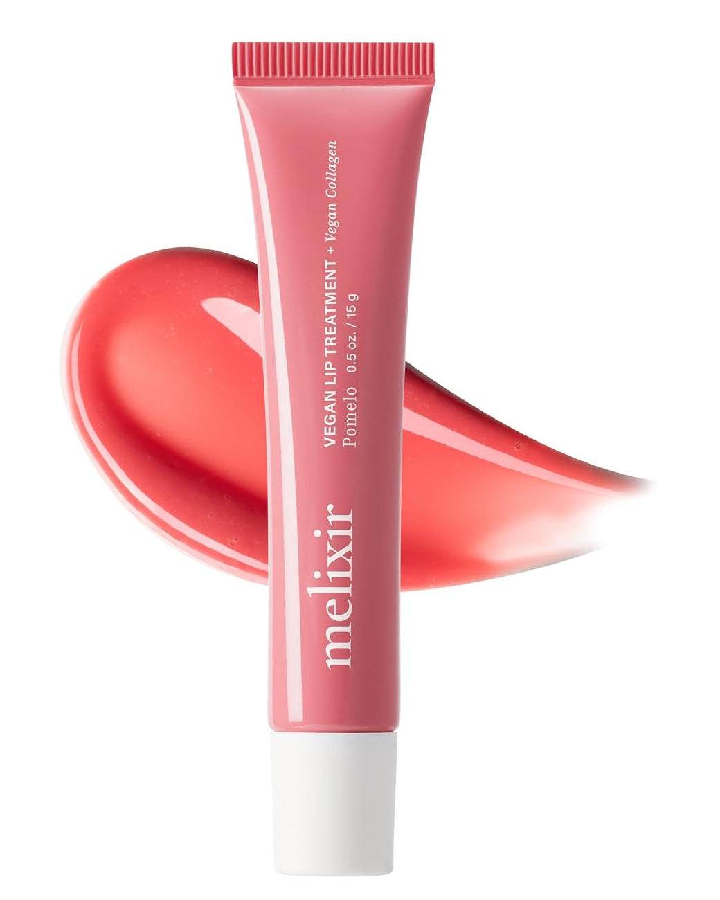A pink squeeze tube of melixir Nourish Up Treatment + Vega Collagen lip care cream, shown upright with a glossy coral-pink product smear behind it on a white background.