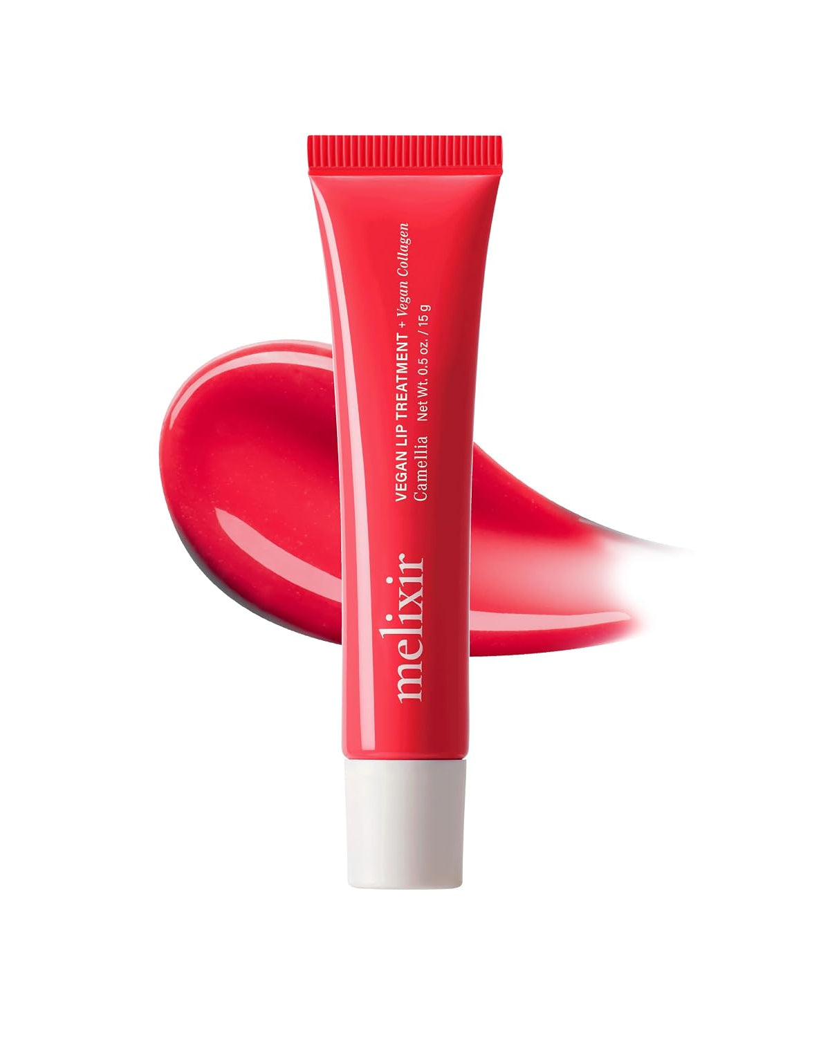 A red squeeze tube of melixir Vegan Lip Treatment with a white cap, shown against a white background with a glossy red product smear behind it.