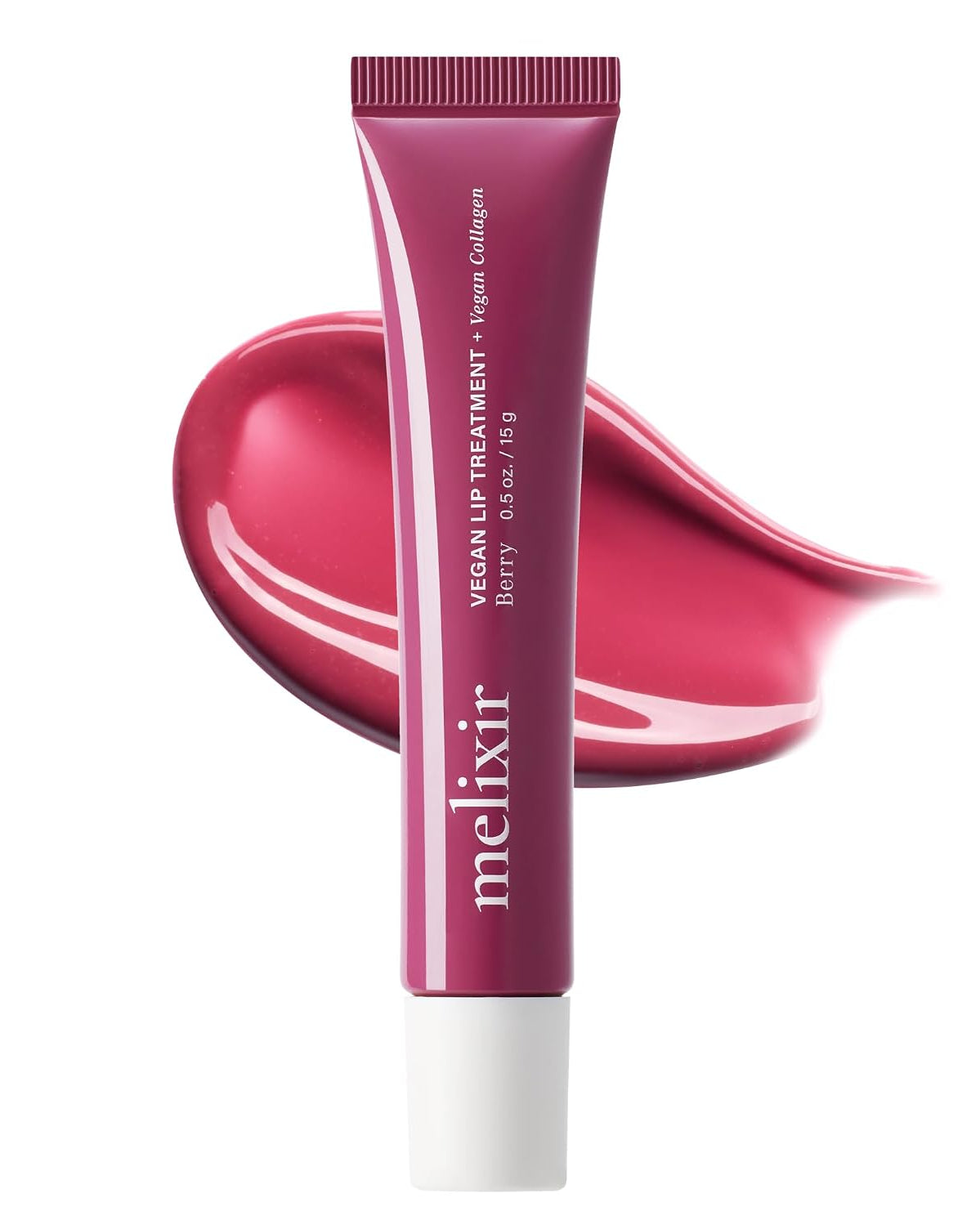 A squeeze tube of melixir Vegan Lip Treatment in Berry, shown upright in front of a glossy swipe of the berry-colored cream on a white background.