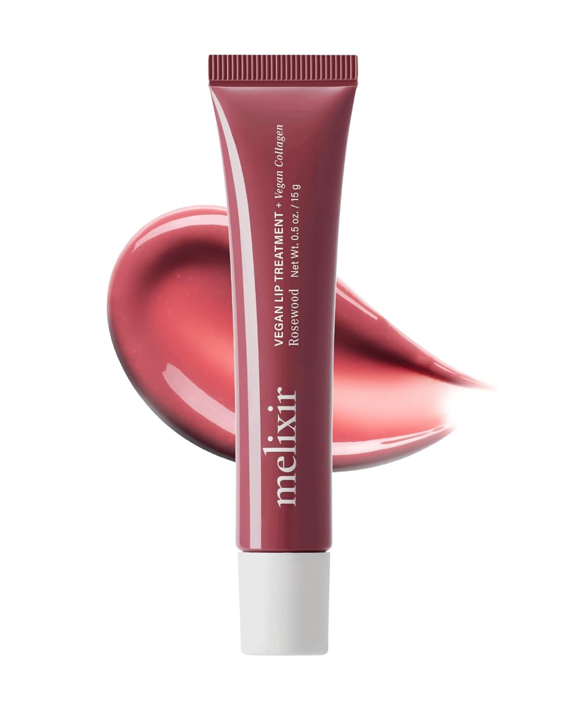 Melix Vegan Lip Treatment + Collagen lip balm in a rose pink squeeze tube with a white cap, shown in front of a glossy pink lip smear on a white background.