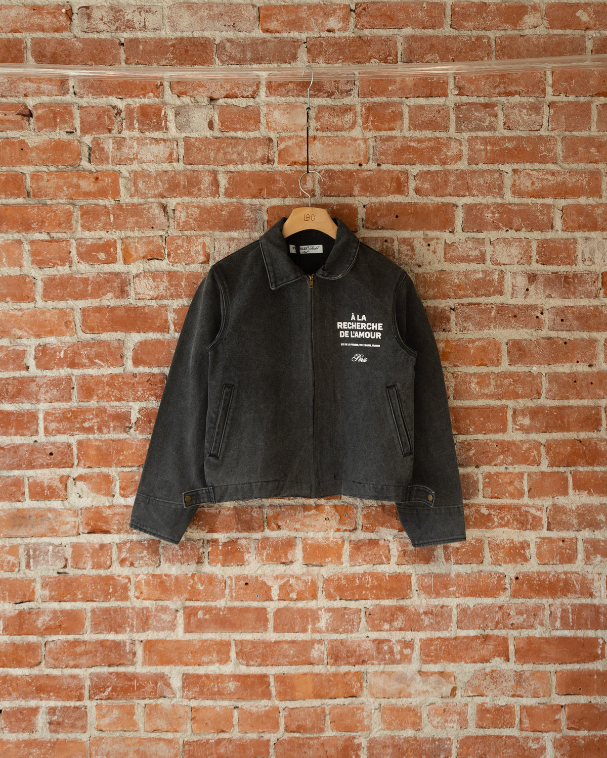 S'envoler Endless Searching black collared denim jacket, front view.