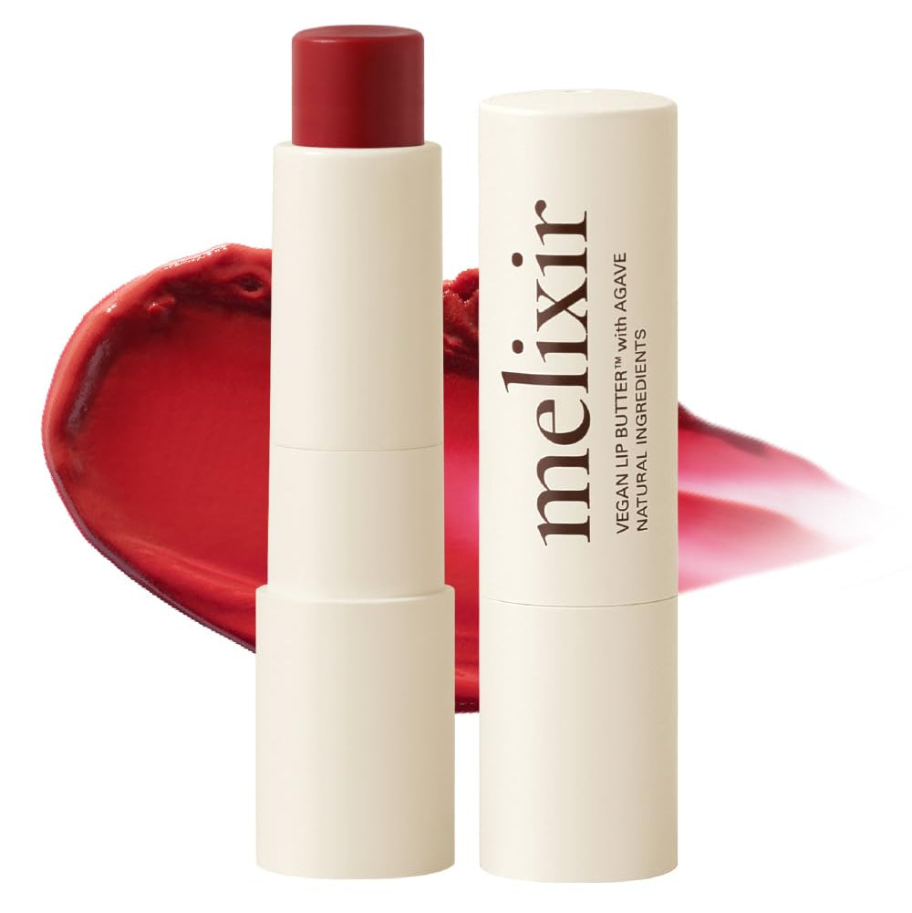 Melixir vegan lip butter with red lipstick on a white background