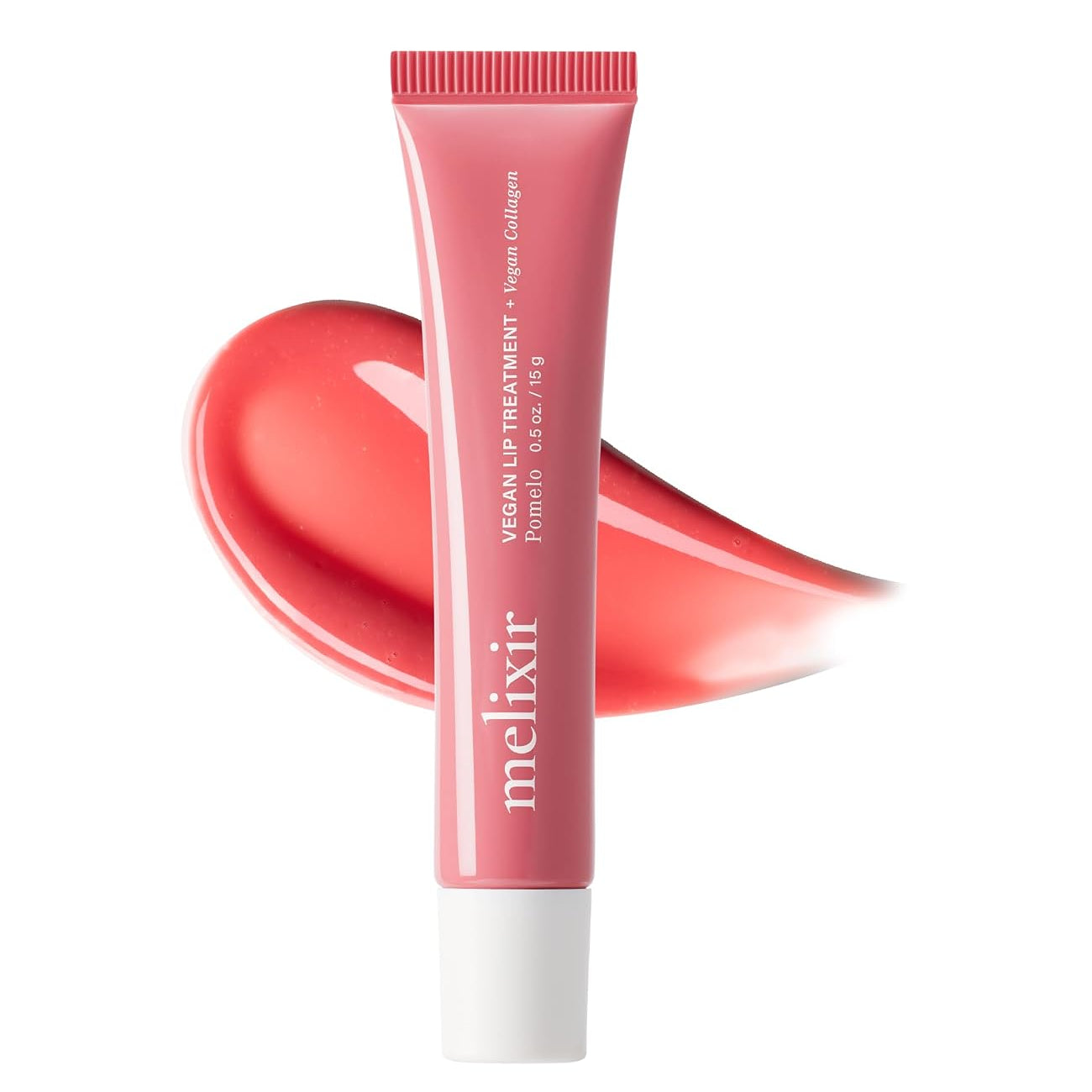 A pink squeeze tube of melixir Nourish Up Treatment + Vega Collagen lip care cream, shown upright with a glossy coral-pink product smear behind it on a white background.