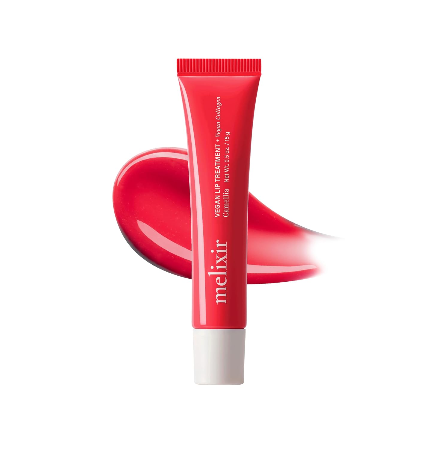 A red squeeze tube of melixir Vegan Lip Treatment with a white cap, shown against a white background with a glossy red product smear behind it.