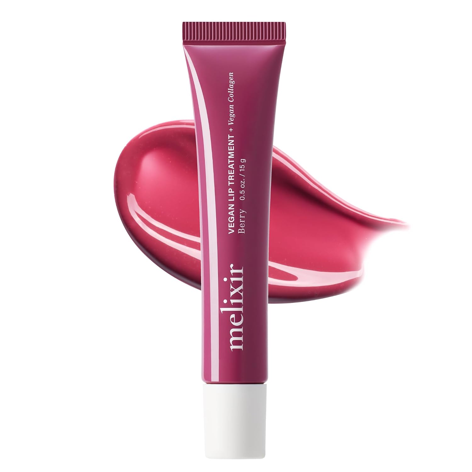 A squeeze tube of melixir Vegan Lip Treatment in Berry, shown upright in front of a glossy swipe of the berry-colored cream on a white background.
