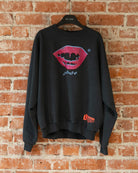 Smile Crewneck in Charcoal, closeup front view.