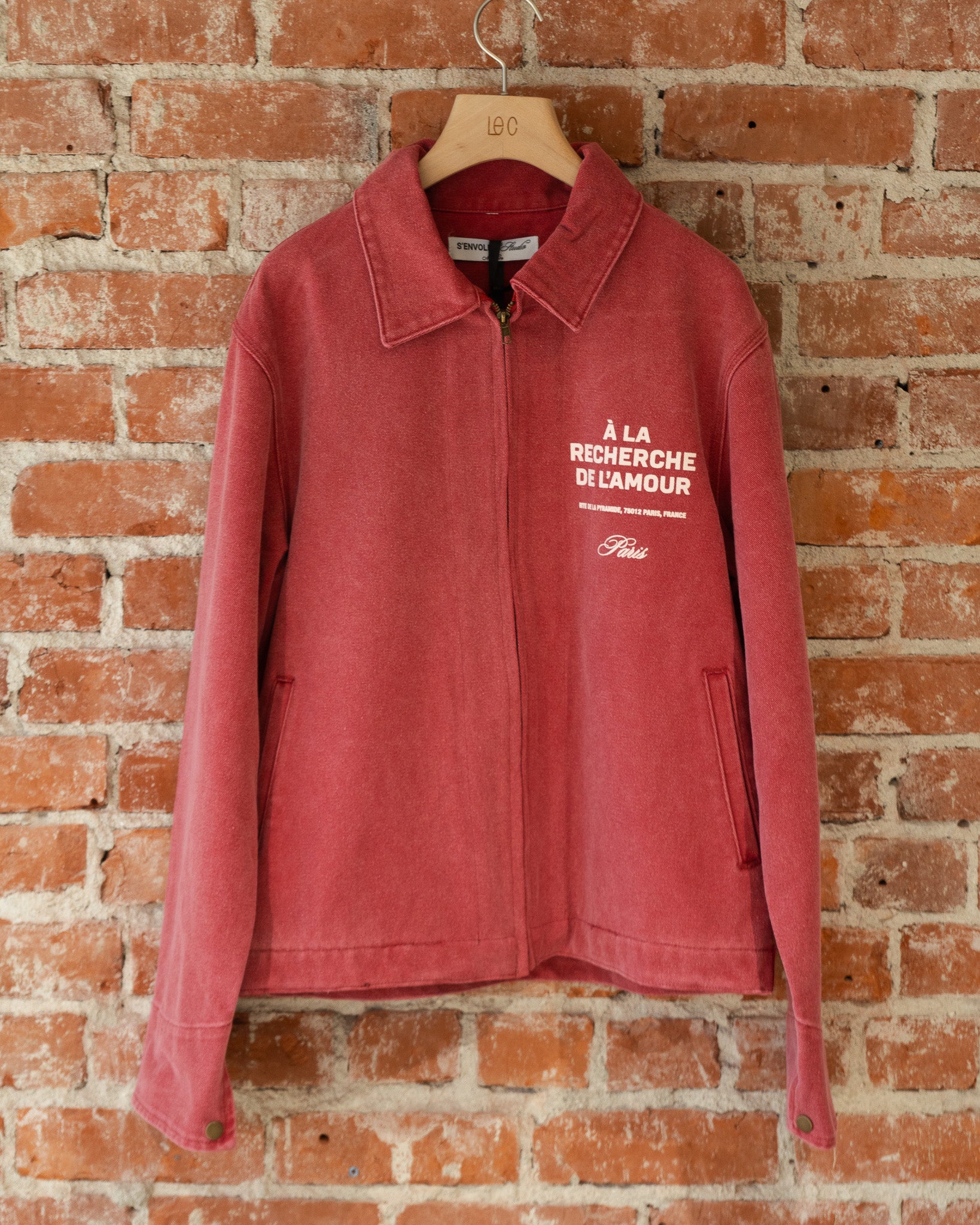 S'envoler Searching For Love red collared denim jacket, closeup front view.