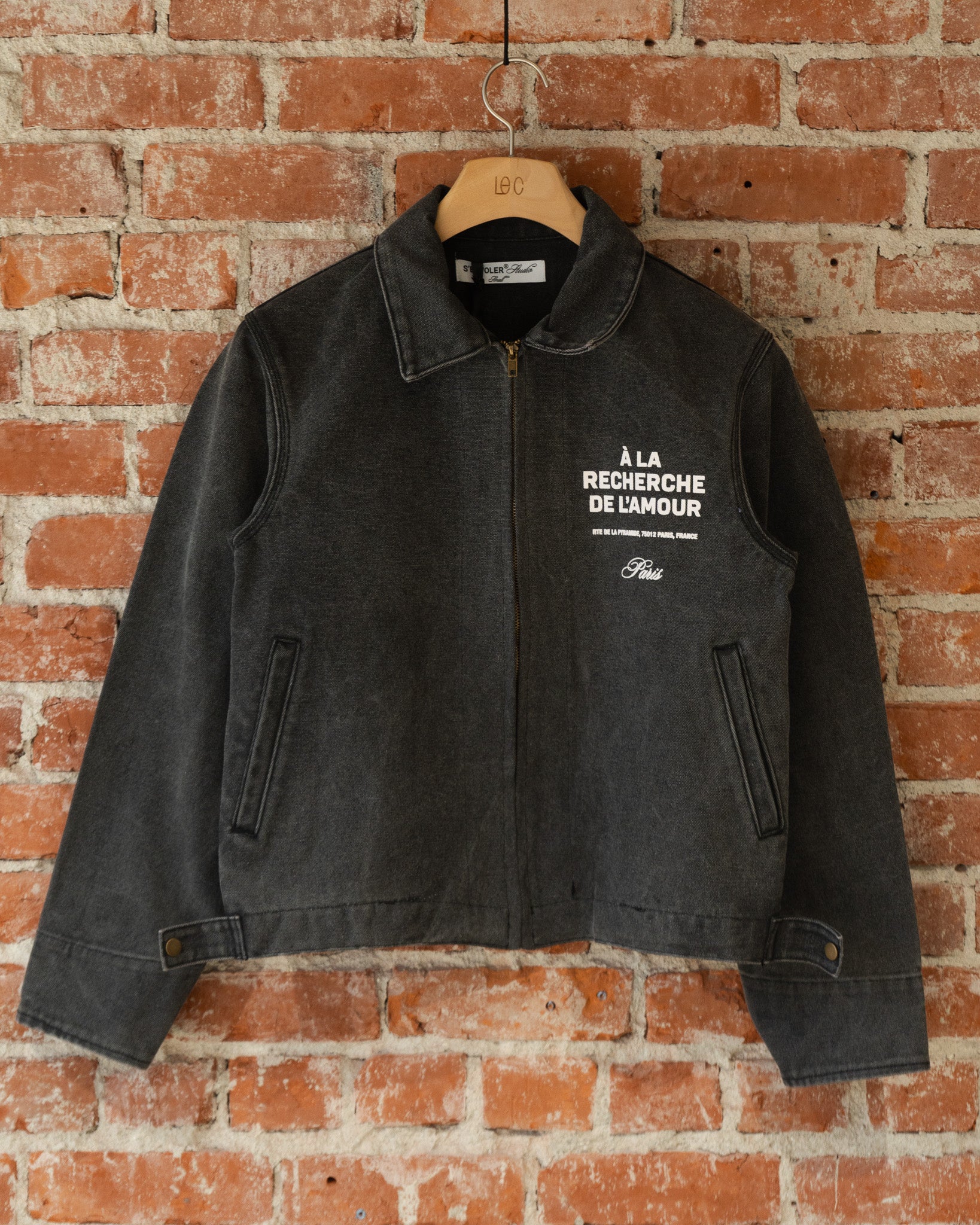 S'envoler Endless Searching black collared denim jacket, closeup front view.