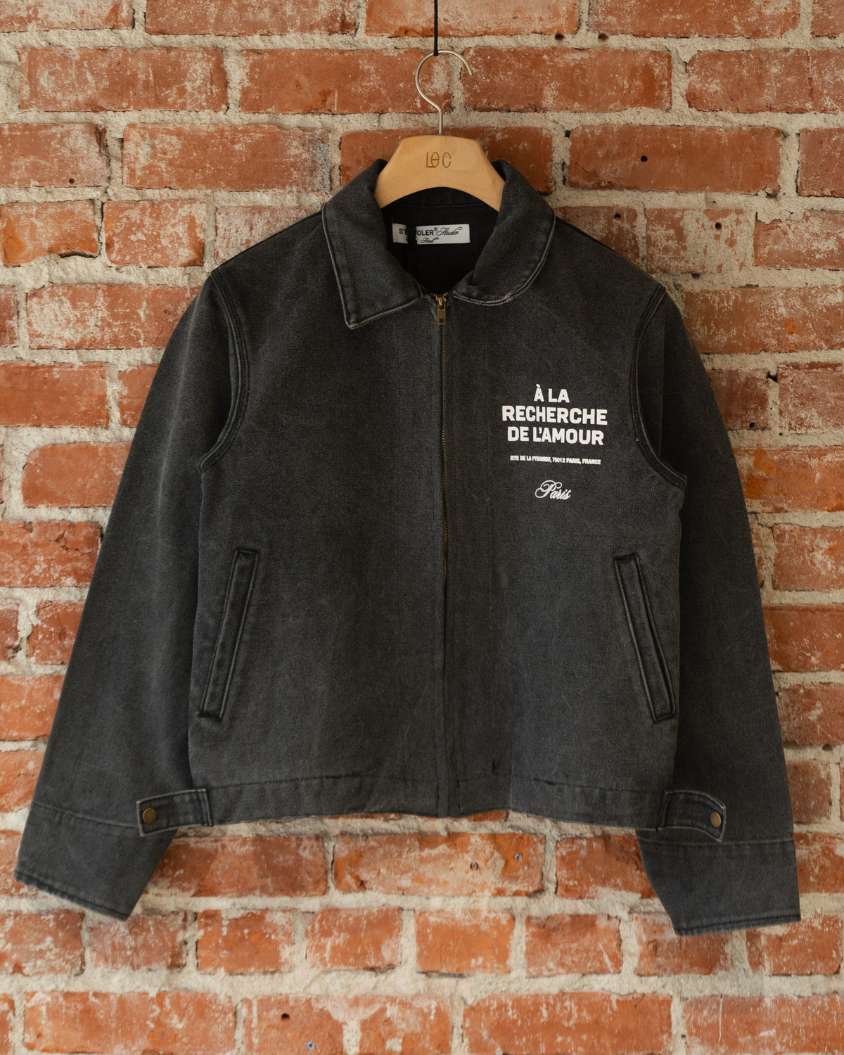 S'envoler Endless Searching black collared denim jacket, closeup front view.