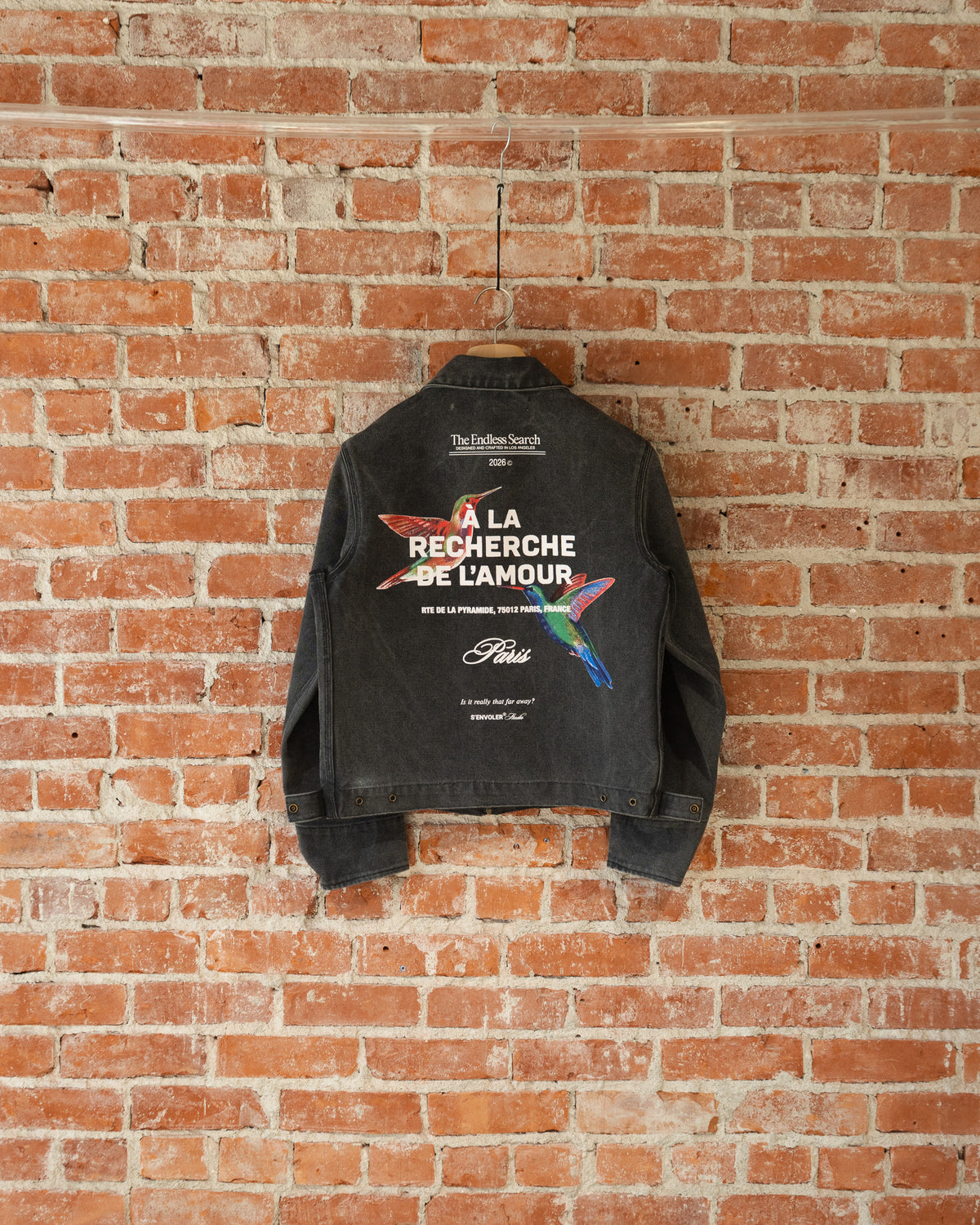 S'envoler Endless Searching black collared denim jacket, back view.