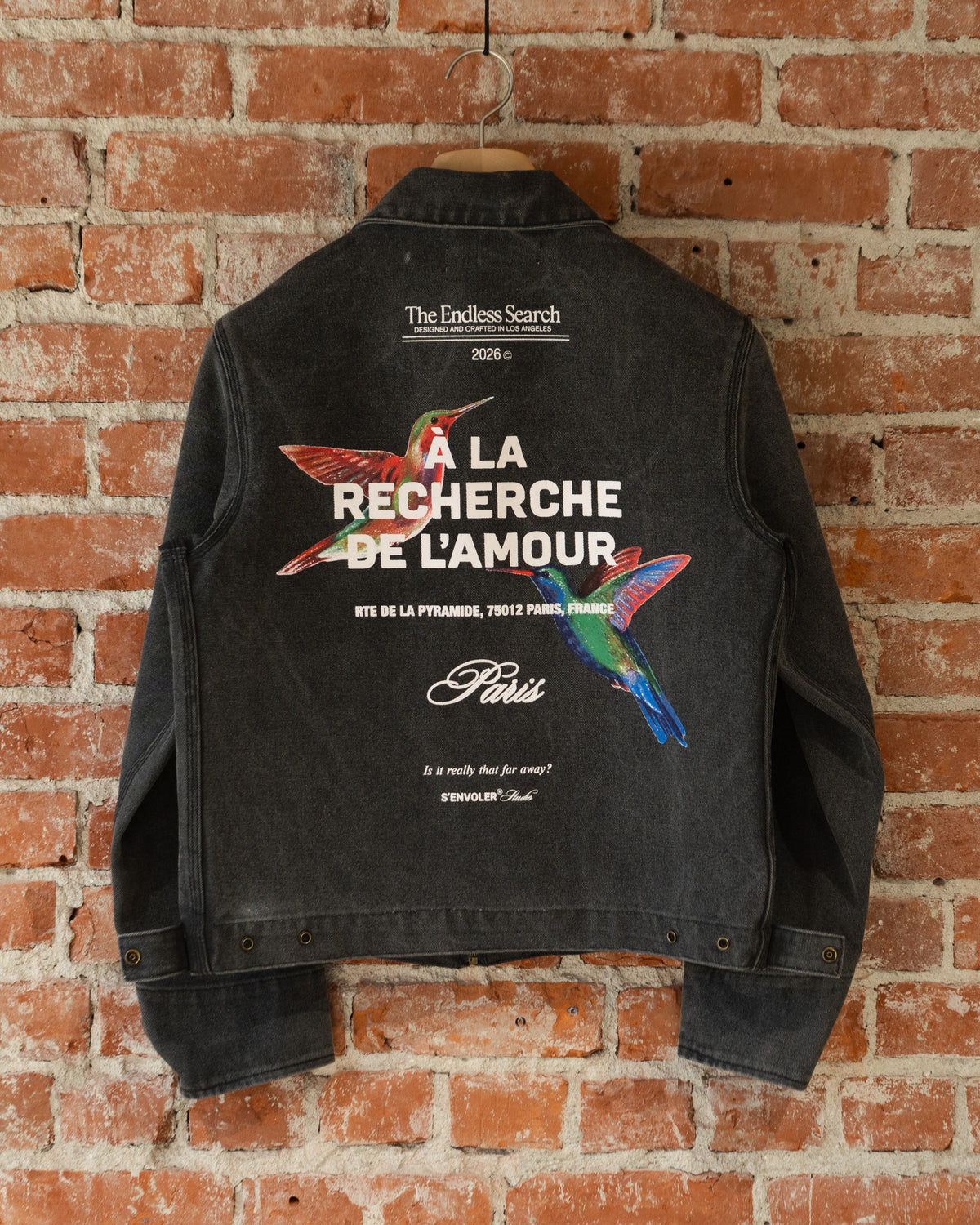 S'envoler Endless Searching black collared denim jacket, closeup back view.